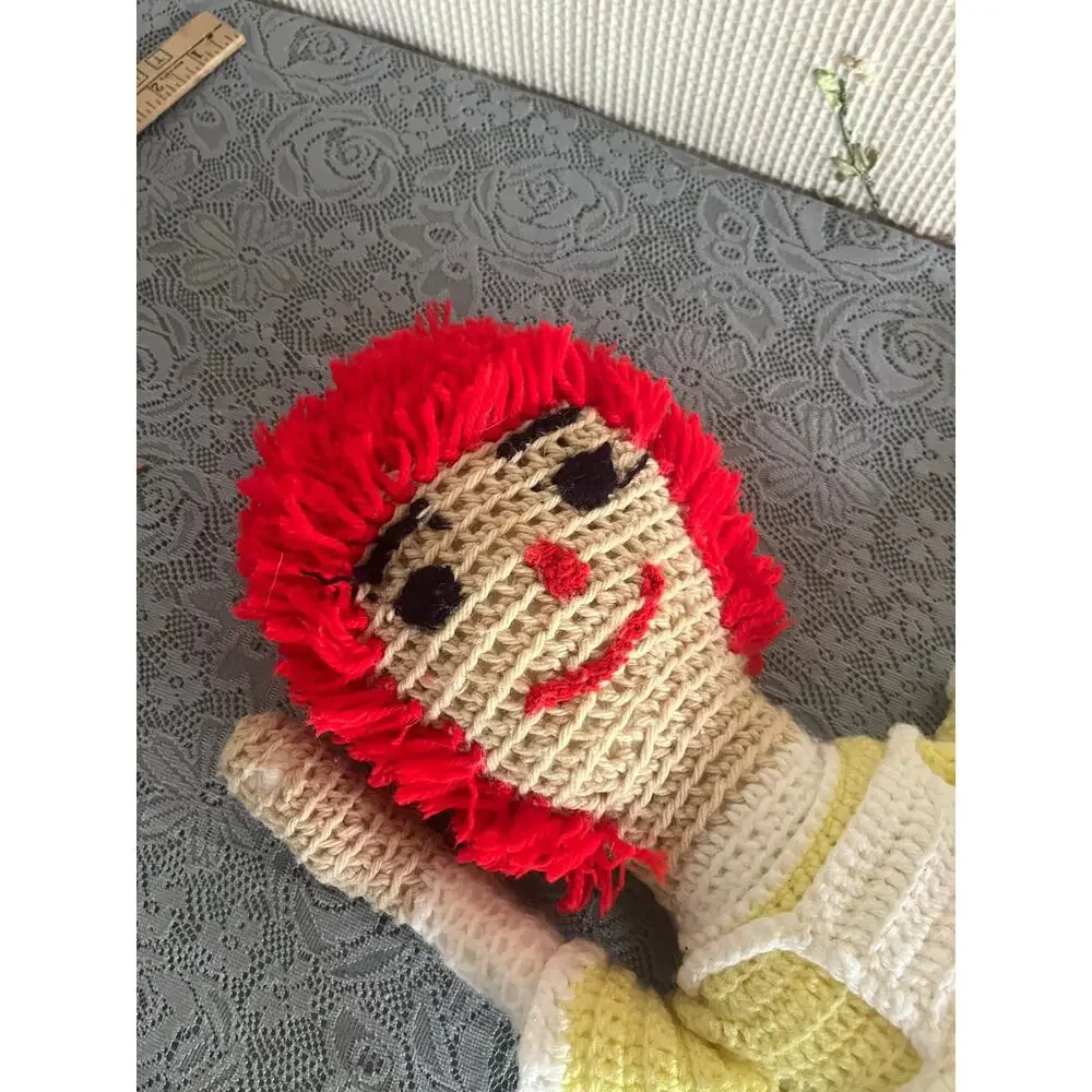 Handmade Crochet Raggedy Ann Style Doll Red Yarn Hair Yellow Dress About 22 In